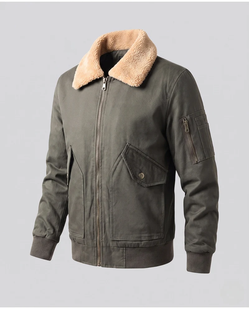 Herren Canvas Bomberjacke mit Teddykragen, Ärmeltasche und winddichter Außenschicht Drune