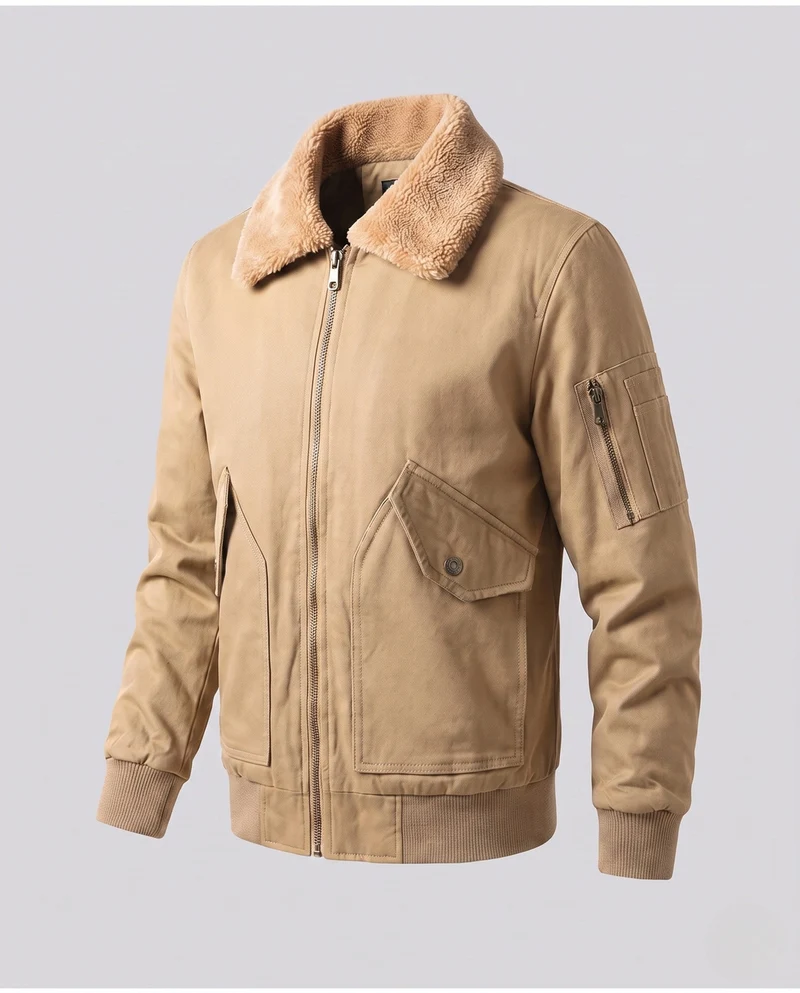 Herren Canvas Bomberjacke mit Teddykragen, Ärmeltasche und winddichter Außenschicht Drune