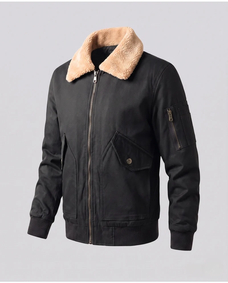Herren Canvas Bomberjacke mit Teddykragen, Ärmeltasche und winddichter Außenschicht Drune
