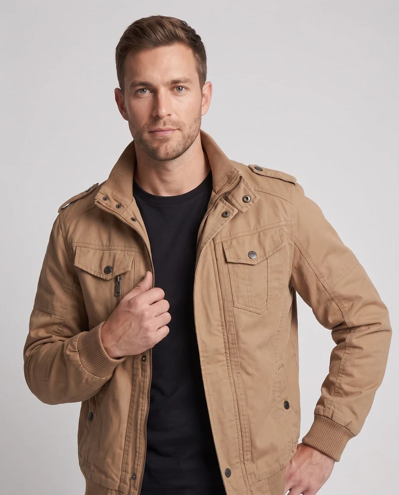 Herren Canvas Field Jacket im Militär-Look mit Stehkragen, Schulterklappen und Brustklapptaschen Drune