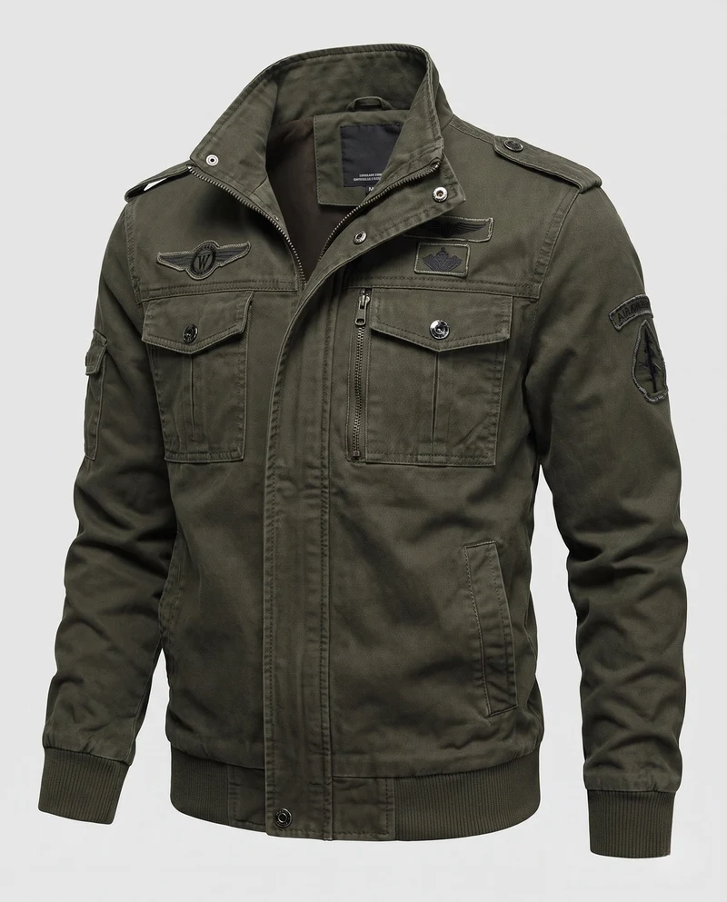 Herren Canvas Field Jacket im Militär-Look mit Stehkragen, Schulterklappen und Brustklapptaschen Drune