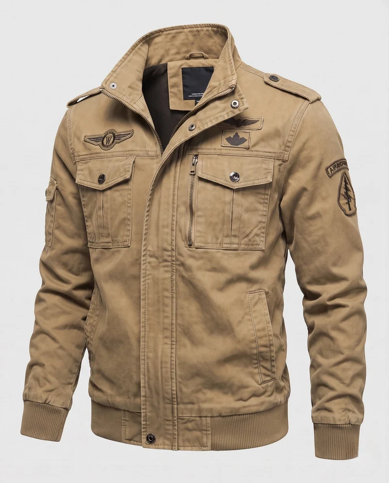 Herren Canvas Field Jacket im Militär-Look mit Stehkragen, Schulterklappen und Brustklapptaschen Drune