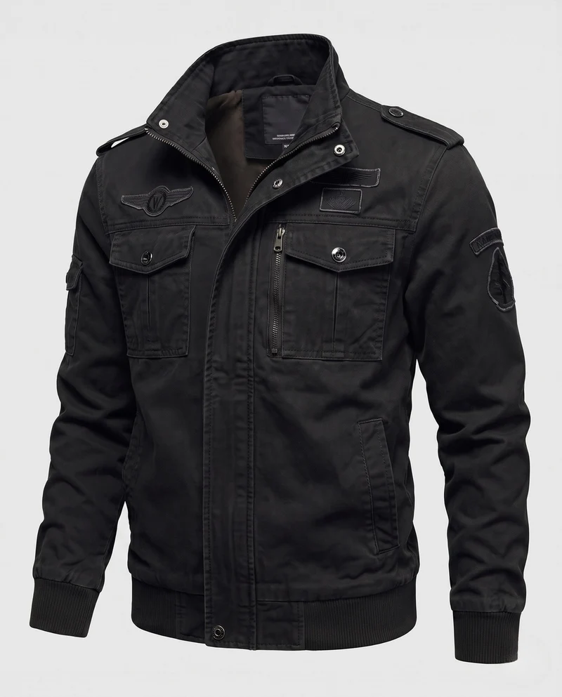 Herren Canvas Field Jacket im Militär-Look mit Stehkragen, Schulterklappen und Brustklapptaschen Drune