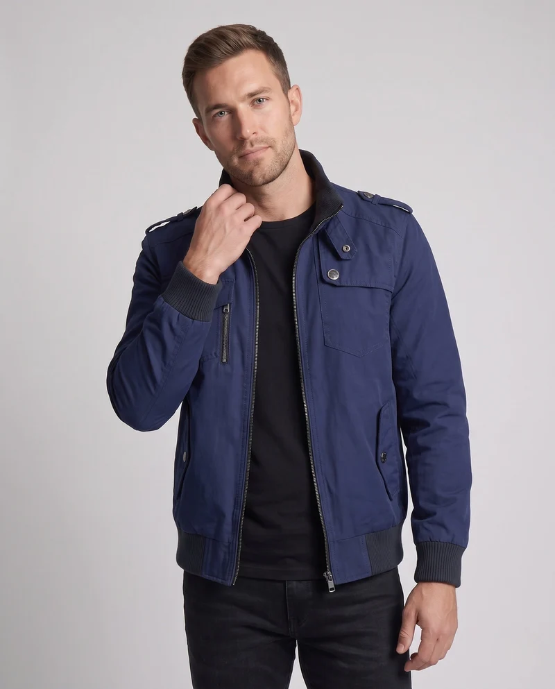 Herren Utility Style Canvas Feldjacke mit Schulterriemen, Reißverschluss und gerippten Bündchen Drune