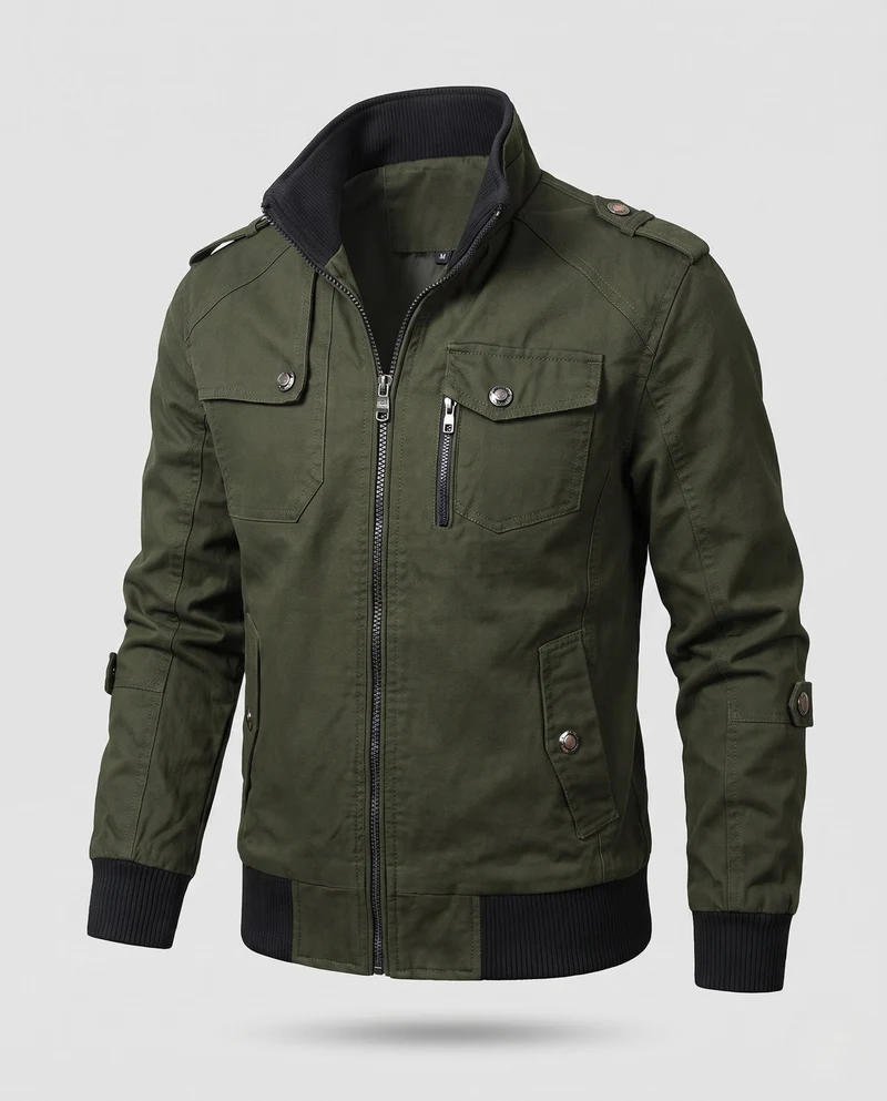 Herren Utility Style Canvas Feldjacke mit Schulterriemen, Reißverschluss und gerippten Bündchen Drune