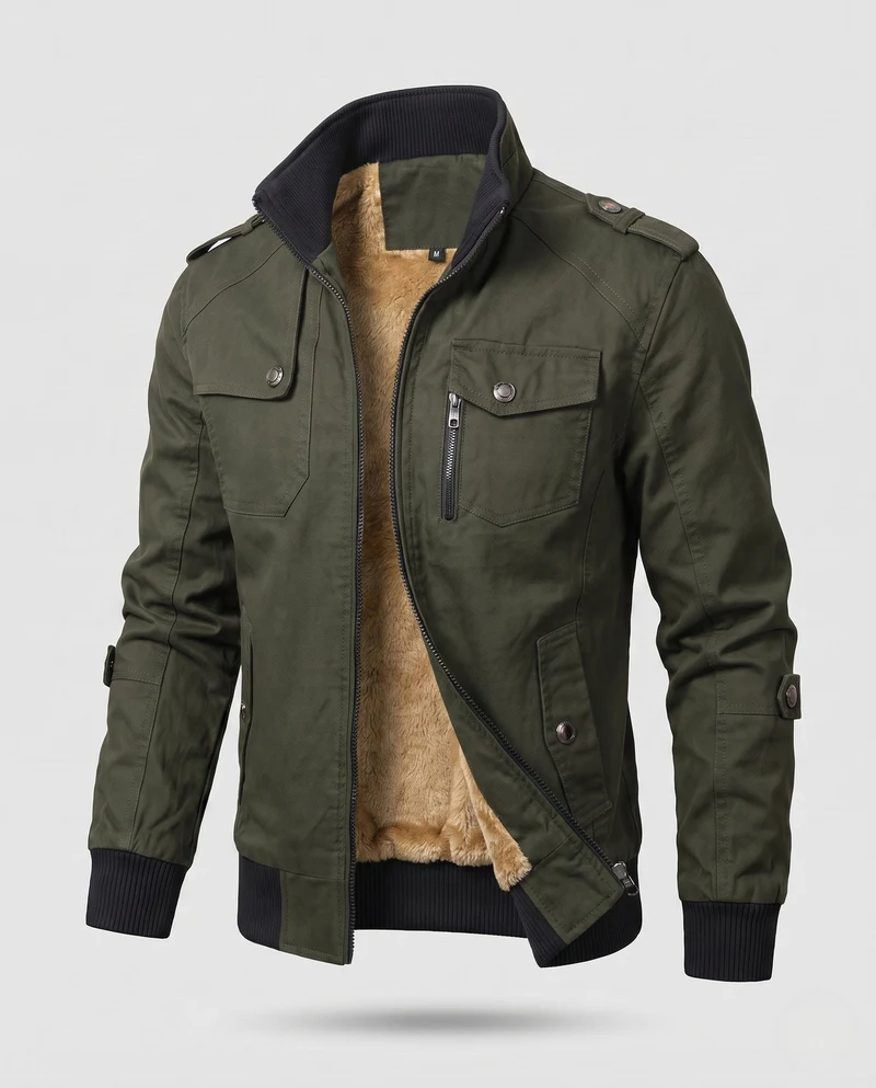 Herren Utility Style Canvas Feldjacke mit Schulterriemen, Reißverschluss und gerippten Bündchen Drune