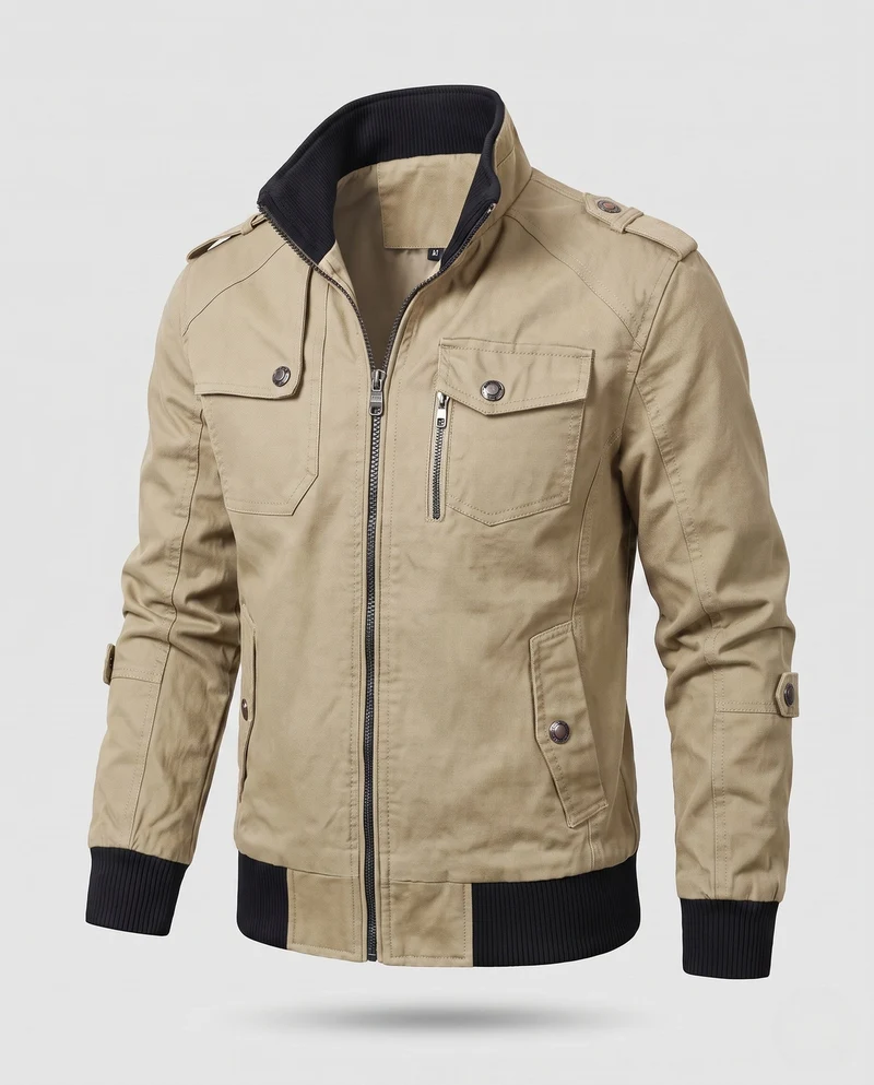 Herren Utility Style Canvas Feldjacke mit Schulterriemen, Reißverschluss und gerippten Bündchen Drune