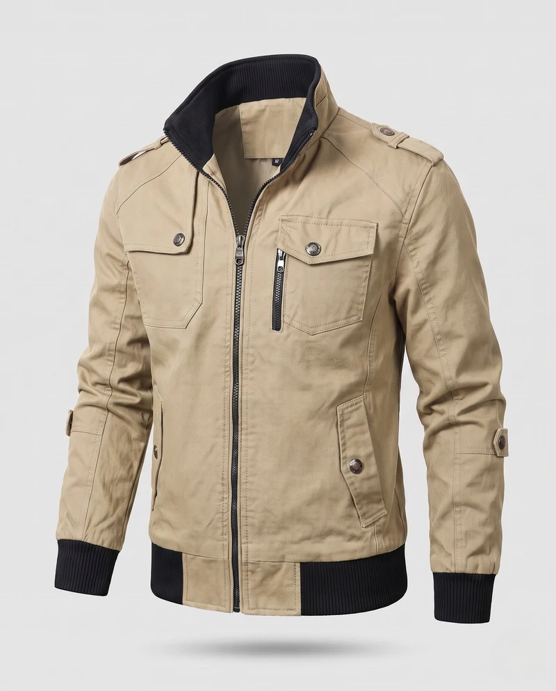 Herren Utility Style Canvas Feldjacke mit Schulterriemen, Reißverschluss und gerippten Bündchen Drune