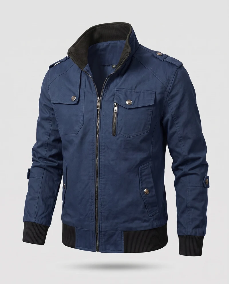 Herren Utility Style Canvas Feldjacke mit Schulterriemen, Reißverschluss und gerippten Bündchen Drune
