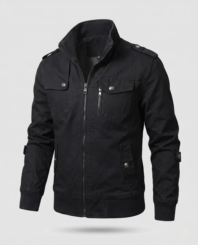 Herren Utility Style Canvas Feldjacke mit Schulterriemen, Reißverschluss und gerippten Bündchen Drune