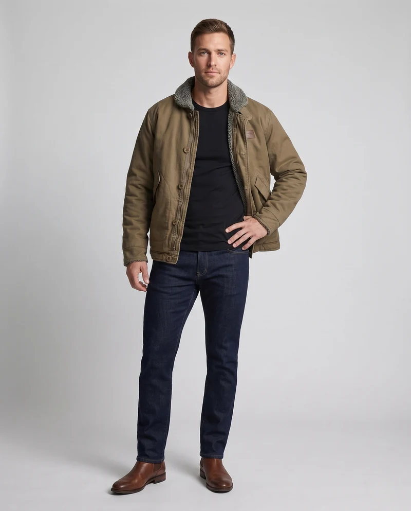 Herren-Canvas-Feldjacke mit Teddyfutter, Stehkragen und verdecktem Reißverschluss Drune