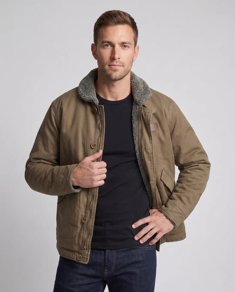 Herren-Canvas-Feldjacke mit Teddyfutter, Stehkragen und verdecktem Reißverschluss Drune
