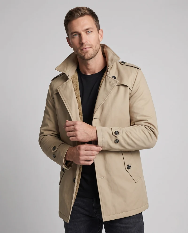 Herren Canvas Feldmantel mit Teddyfutter, Spitzkragen und Schulterklappen Drune
