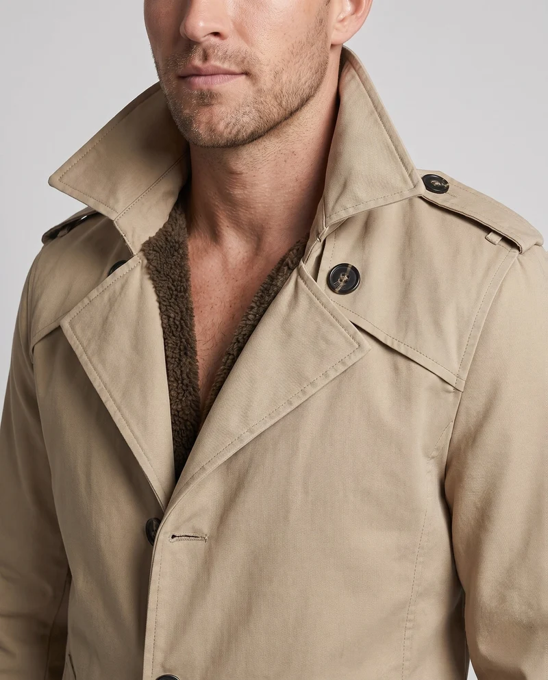 Herren Canvas Feldmantel mit Teddyfutter, Spitzkragen und Schulterklappen Drune