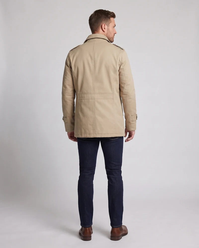 Herren Canvas Feldmantel mit Teddyfutter, Spitzkragen und Schulterklappen Drune