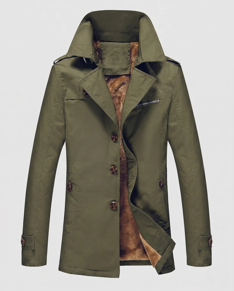 Herren Canvas Feldmantel mit Teddyfutter, Spitzkragen und Schulterklappen Drune