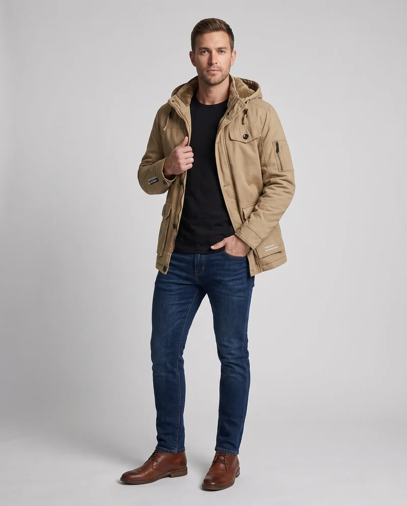 Herren-Canvas-Feldparka mit Teddy-Fleece-Futter, Kapuze und Utility-Taschen Drune