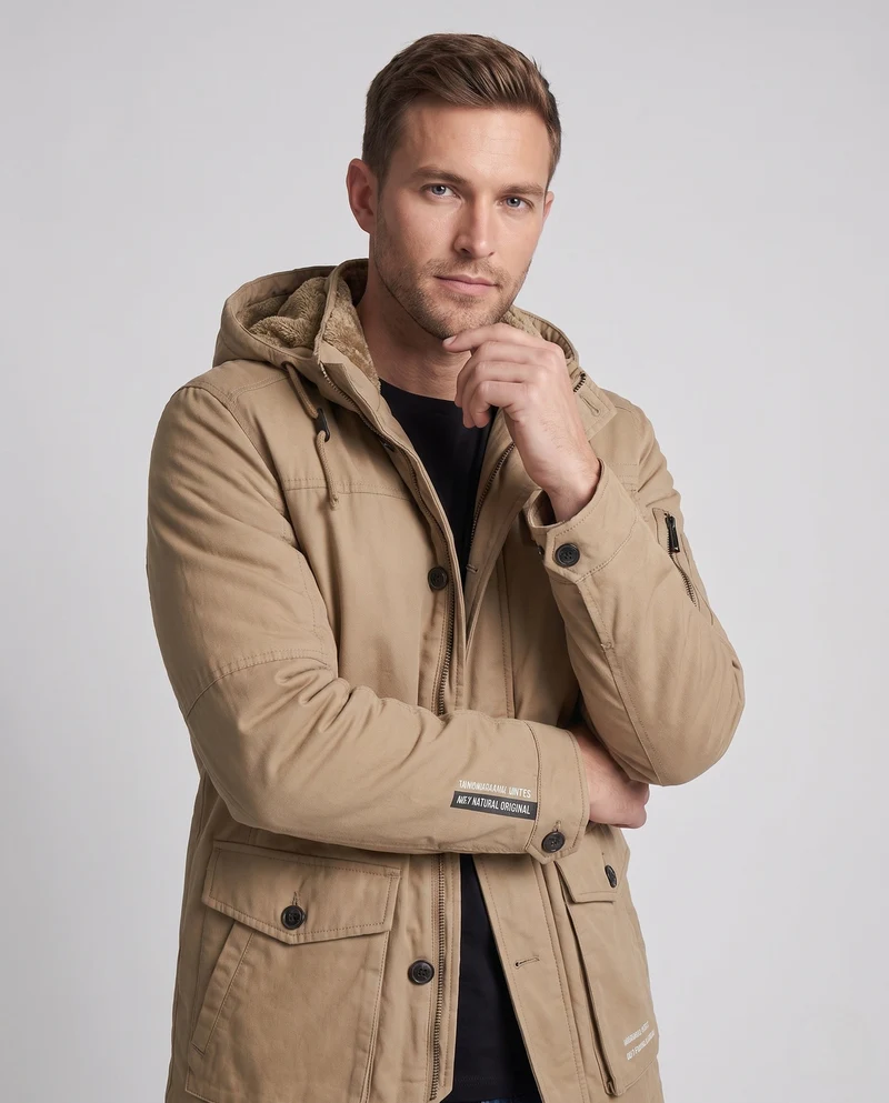Herren-Canvas-Feldparka mit Teddy-Fleece-Futter, Kapuze und Utility-Taschen Drune