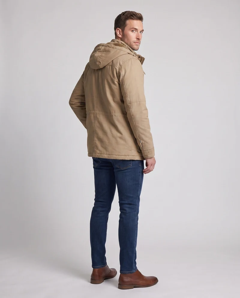 Herren-Canvas-Feldparka mit Teddy-Fleece-Futter, Kapuze und Utility-Taschen Drune