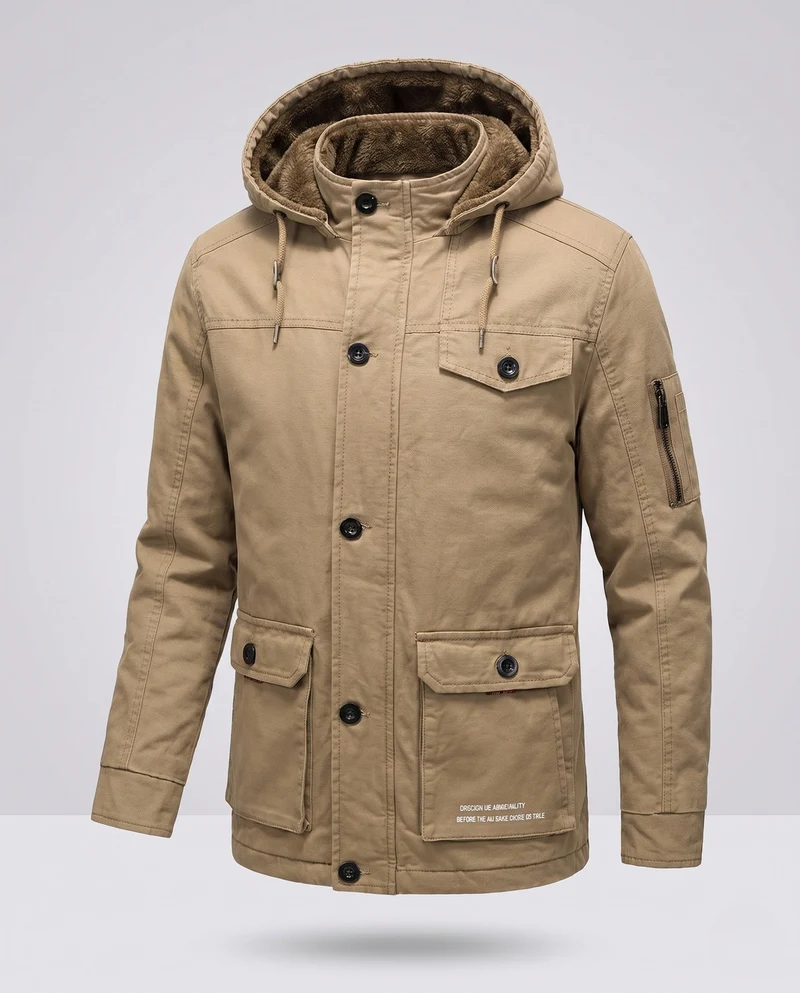 Herren-Canvas-Feldparka mit Teddy-Fleece-Futter, Kapuze und Utility-Taschen Drune