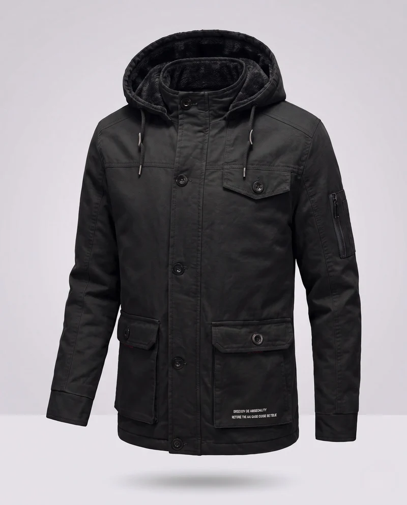 Herren-Canvas-Feldparka mit Teddy-Fleece-Futter, Kapuze und Utility-Taschen Drune
