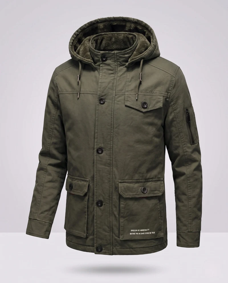Herren-Canvas-Feldparka mit Teddy-Fleece-Futter, Kapuze und Utility-Taschen Drune