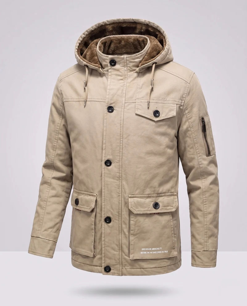 Herren-Canvas-Feldparka mit Teddy-Fleece-Futter, Kapuze und Utility-Taschen Drune