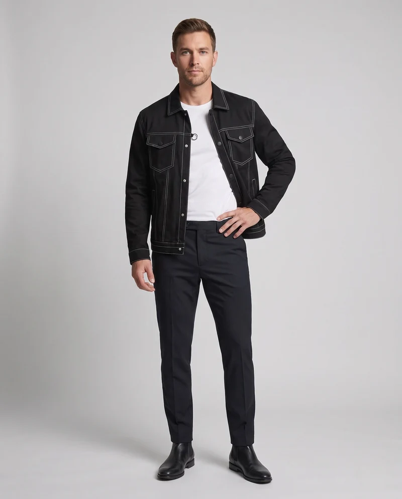 Herren Canvas Jeansjacke mit Kontrastnähten, Druckknopfverschluss und Brusttaschen Drune
