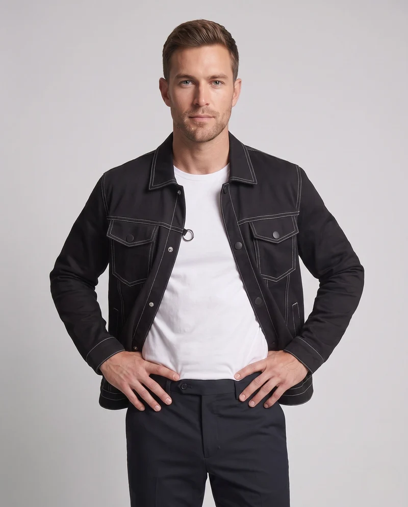 Herren Canvas Jeansjacke mit Kontrastnähten, Druckknopfverschluss und Brusttaschen Drune