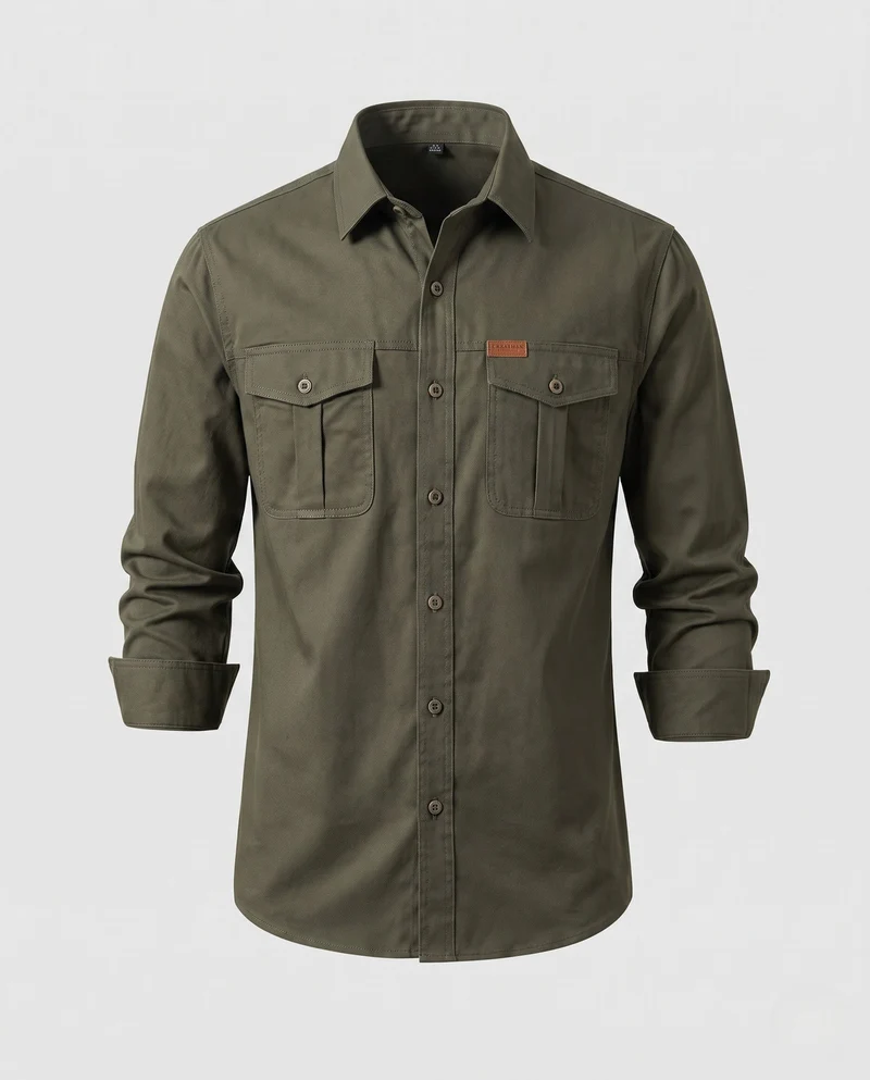 Herren Canvas Utility Overshirt mit Brusttaschen und lässigem Hemdkragen Drune