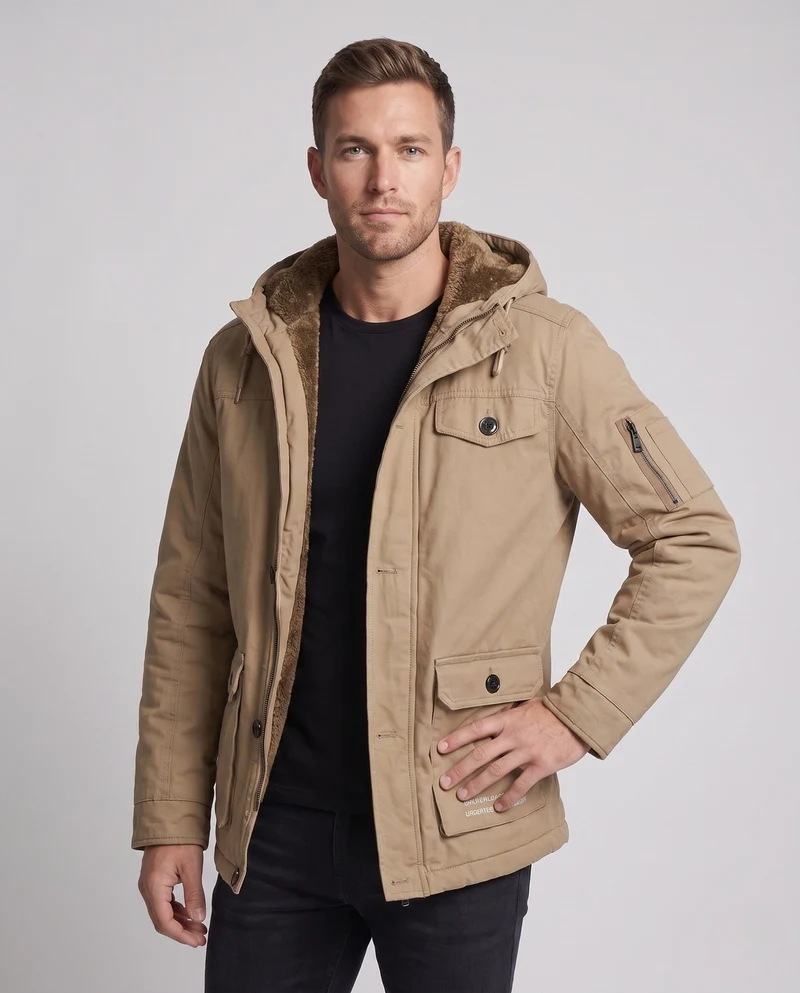 Herren Canvas Utility Parka mit wärmendem Teddyfutter Saum, Kapuze und multifunktionalen Taschen Drune