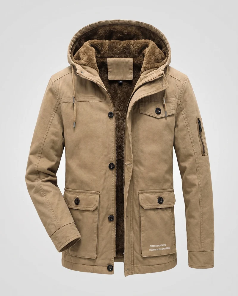 Herren Canvas Utility Parka mit wärmendem Teddyfutter Saum, Kapuze und multifunktionalen Taschen Drune