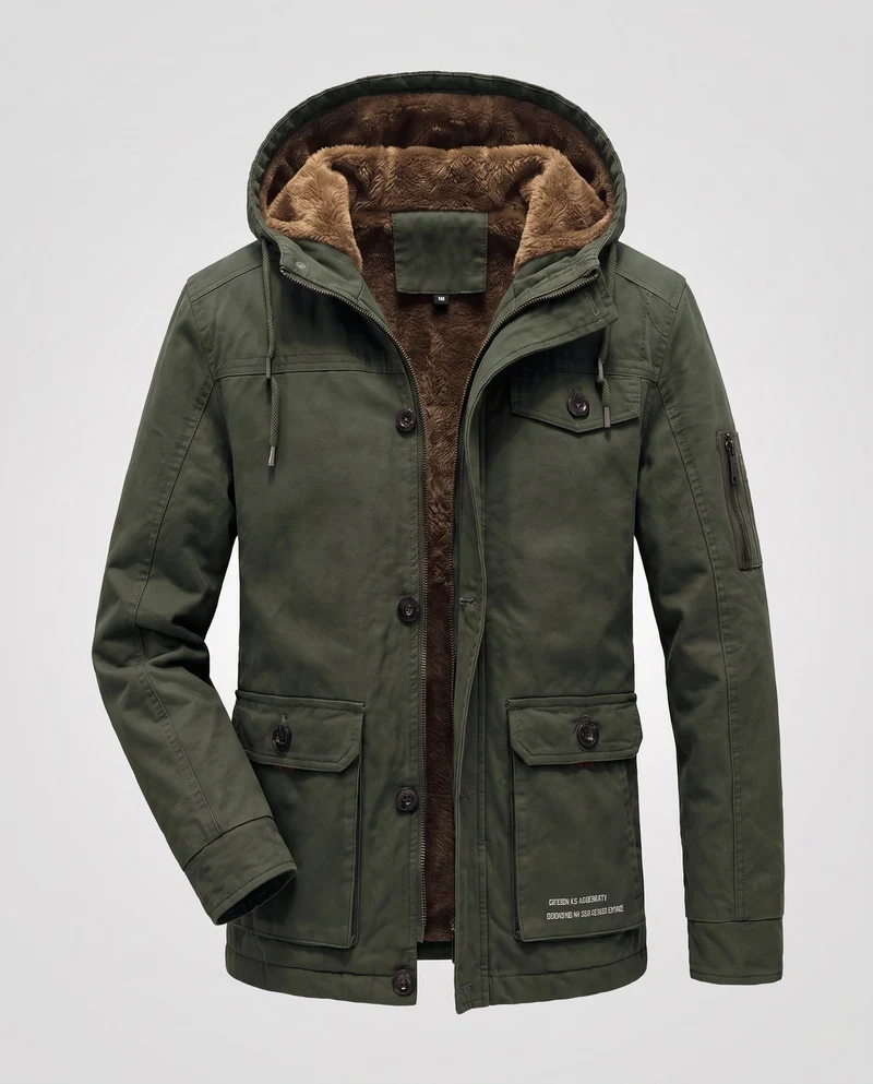 Herren Canvas Utility Parka mit wärmendem Teddyfutter Saum, Kapuze und multifunktionalen Taschen Drune