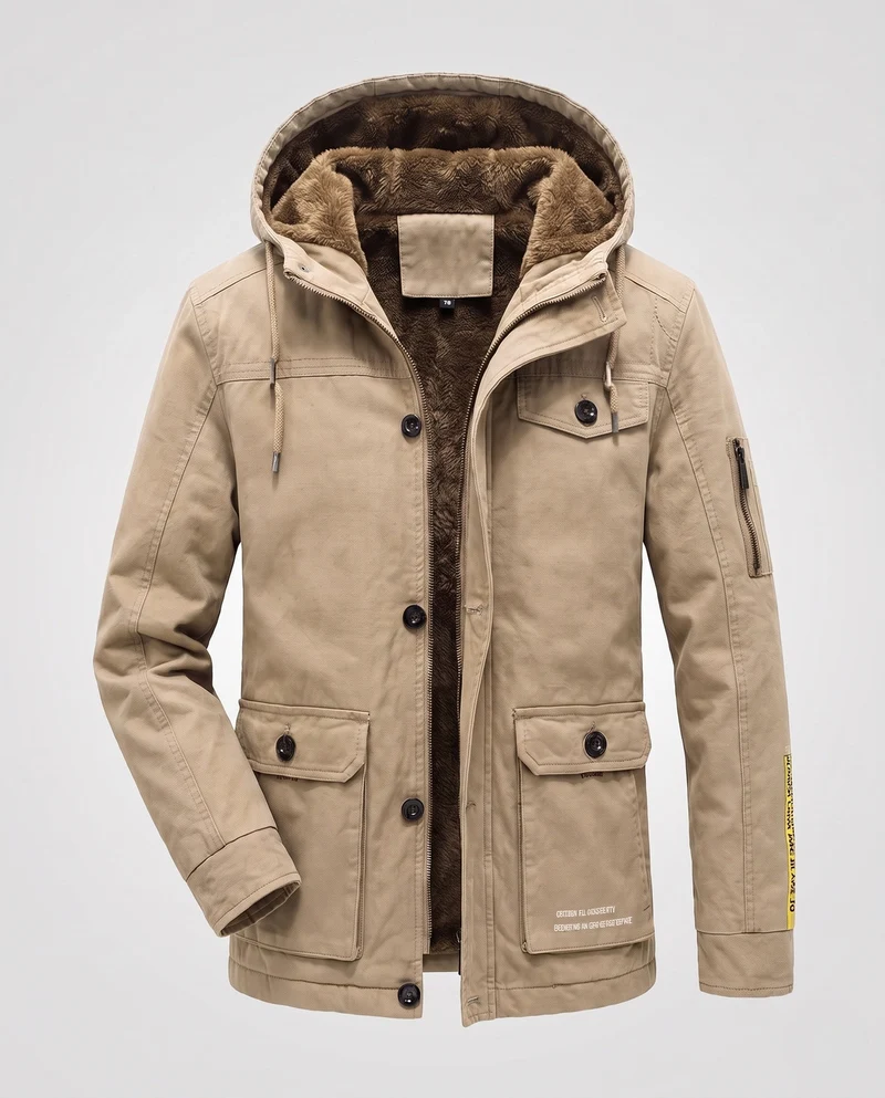 Herren Canvas Utility Parka mit wärmendem Teddyfutter Saum, Kapuze und multifunktionalen Taschen Drune