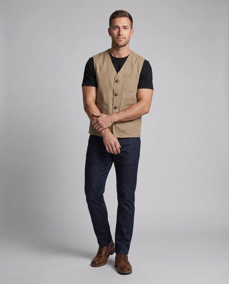 Herren-Canvas-Weste im Utility-Stil mit Knopfleiste und Pattenaschen Drune