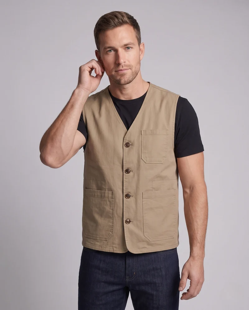 Herren-Canvas-Weste im Utility-Stil mit Knopfleiste und Pattenaschen Drune