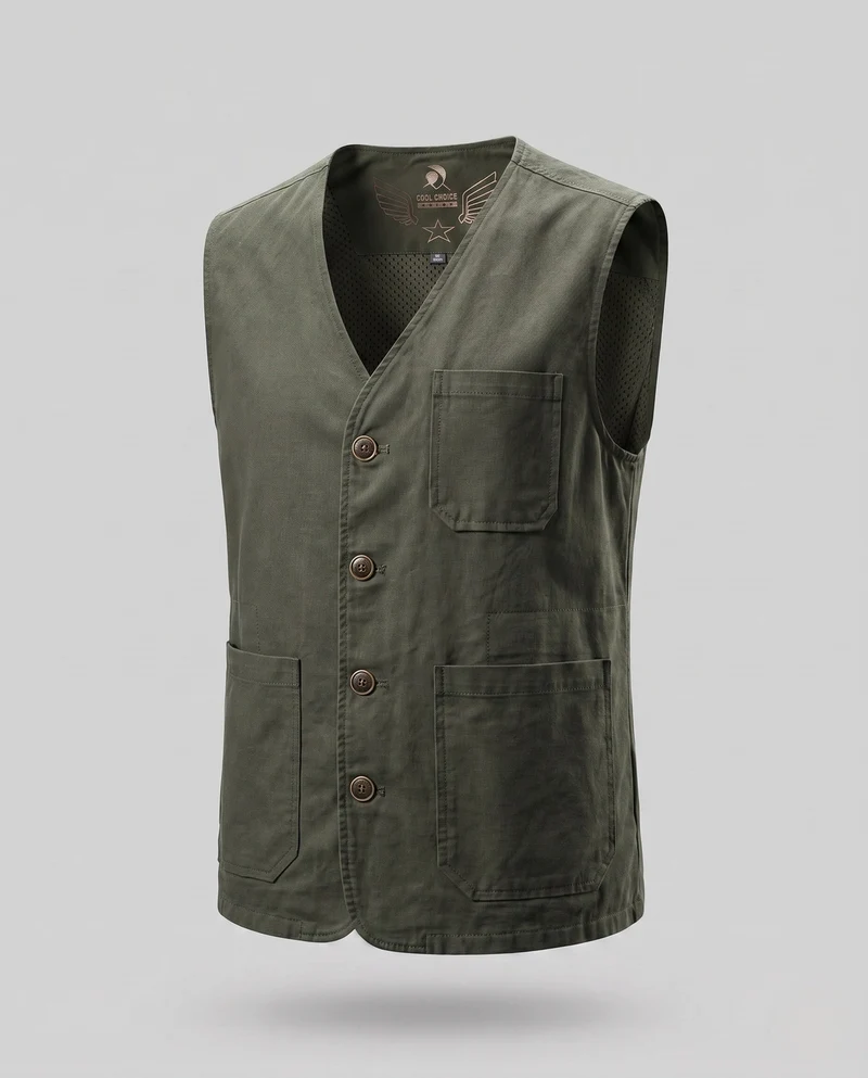 Herren-Canvas-Weste im Utility-Stil mit Knopfleiste und Pattenaschen Drune