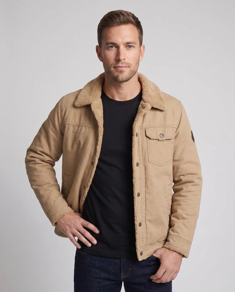 Herren-Canvas-Jacke mit durchgehendem Teddy-Futter und Reverskragen Drune