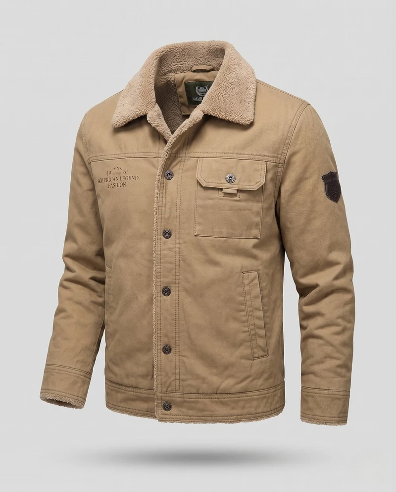 Herren-Canvas-Jacke mit durchgehendem Teddy-Futter und Reverskragen Drune