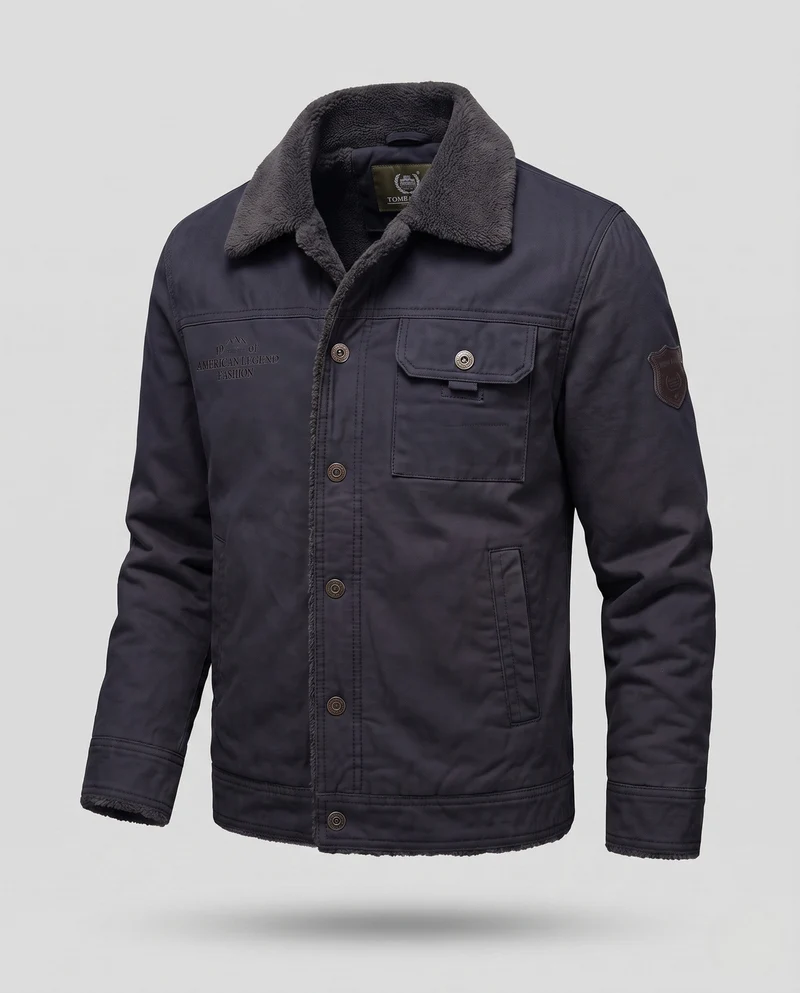 Herren-Canvas-Jacke mit durchgehendem Teddy-Futter und Reverskragen Drune