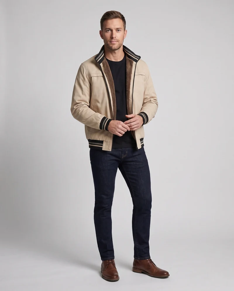 Herren Casual Field Blouson mit durchgehender, wärmespeichernder Teddy-Fleece-Fütterung, Stehkragen und gestreiften Bündchen Drune