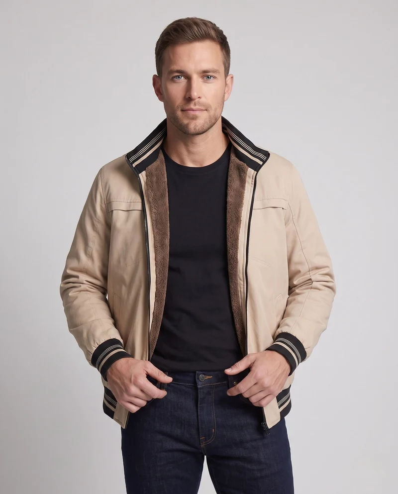 Herren Casual Field Blouson mit durchgehender, wärmespeichernder Teddy-Fleece-Fütterung, Stehkragen und gestreiften Bündchen Drune