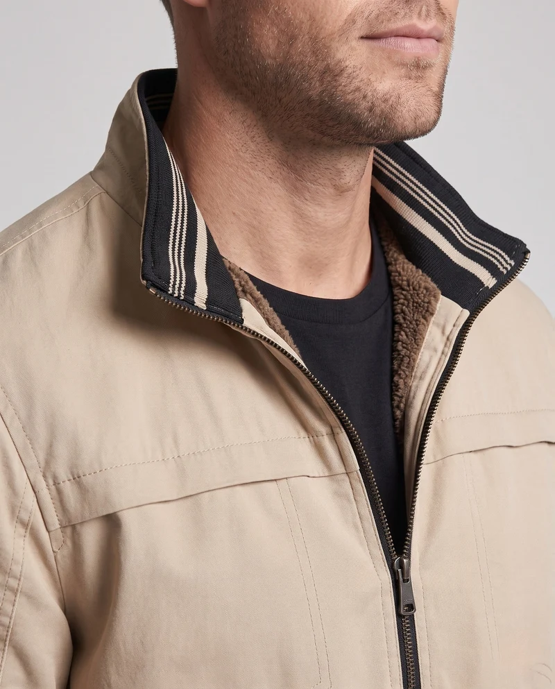 Herren Casual Field Blouson mit durchgehender, wärmespeichernder Teddy-Fleece-Fütterung, Stehkragen und gestreiften Bündchen Drune