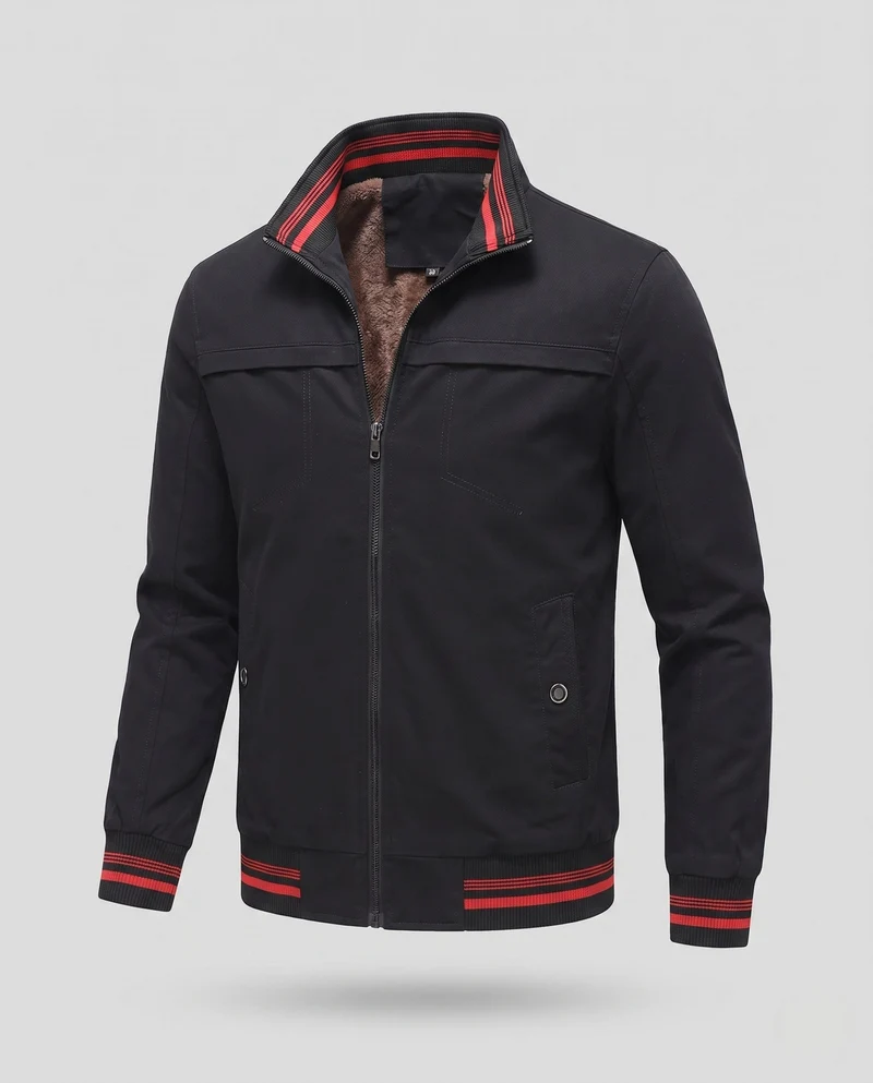 Herren Casual Field Blouson mit durchgehender, wärmespeichernder Teddy-Fleece-Fütterung, Stehkragen und gestreiften Bündchen Drune