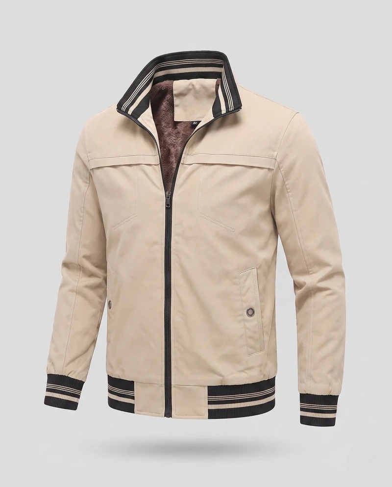 Herren Casual Field Blouson mit durchgehender, wärmespeichernder Teddy-Fleece-Fütterung, Stehkragen und gestreiften Bündchen Drune