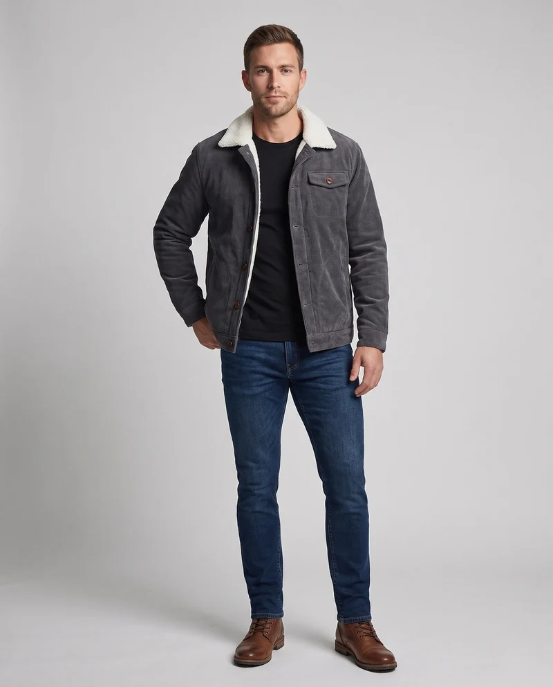 Herren Cord Arbeitsjacke mit vollem Sherpa-Futter, Hemdkragen und Seitentaschen Drune