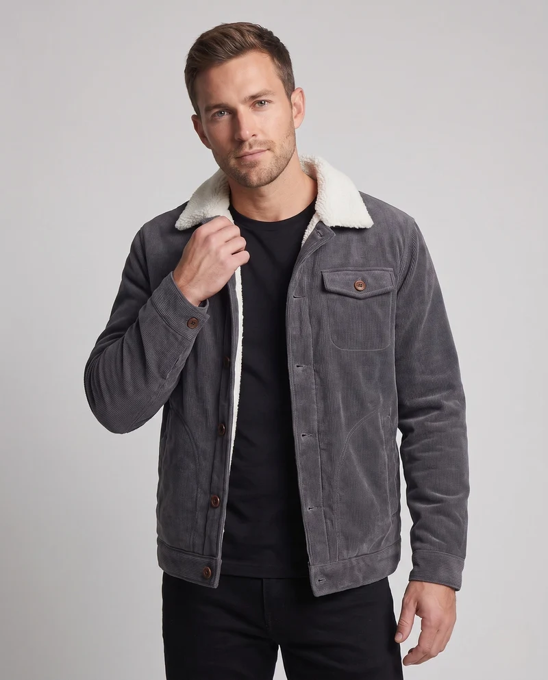 Herren Cord Arbeitsjacke mit vollem Sherpa-Futter, Hemdkragen und Seitentaschen Drune