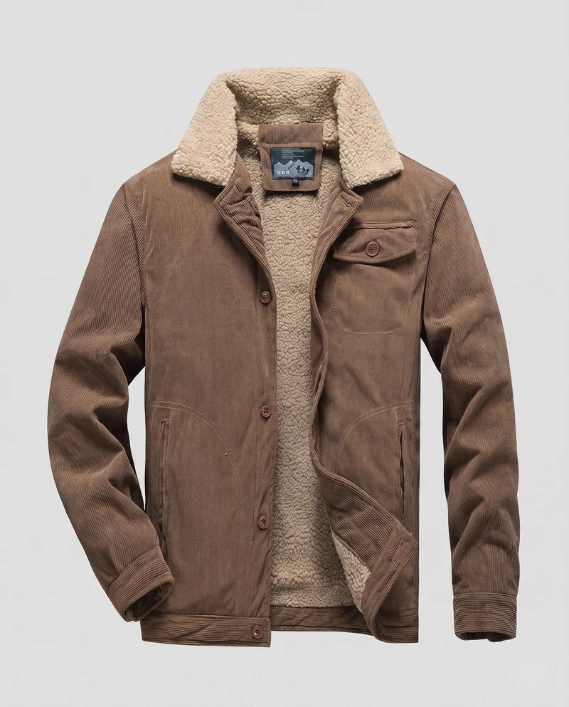 Herren Cord Arbeitsjacke mit vollem Sherpa-Futter, Hemdkragen und Seitentaschen Drune