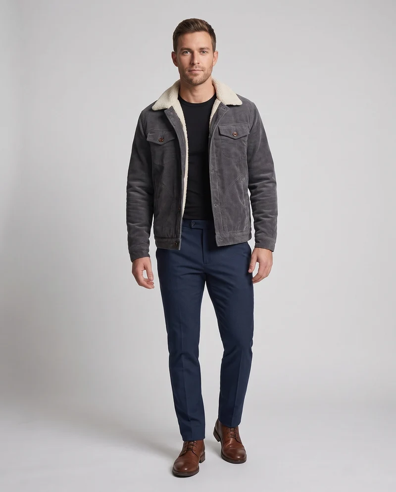 Herren Cordjacke im Trucker-Stil mit ganzflächigem Sherpa-Futter und Teddy-Kragen Drune