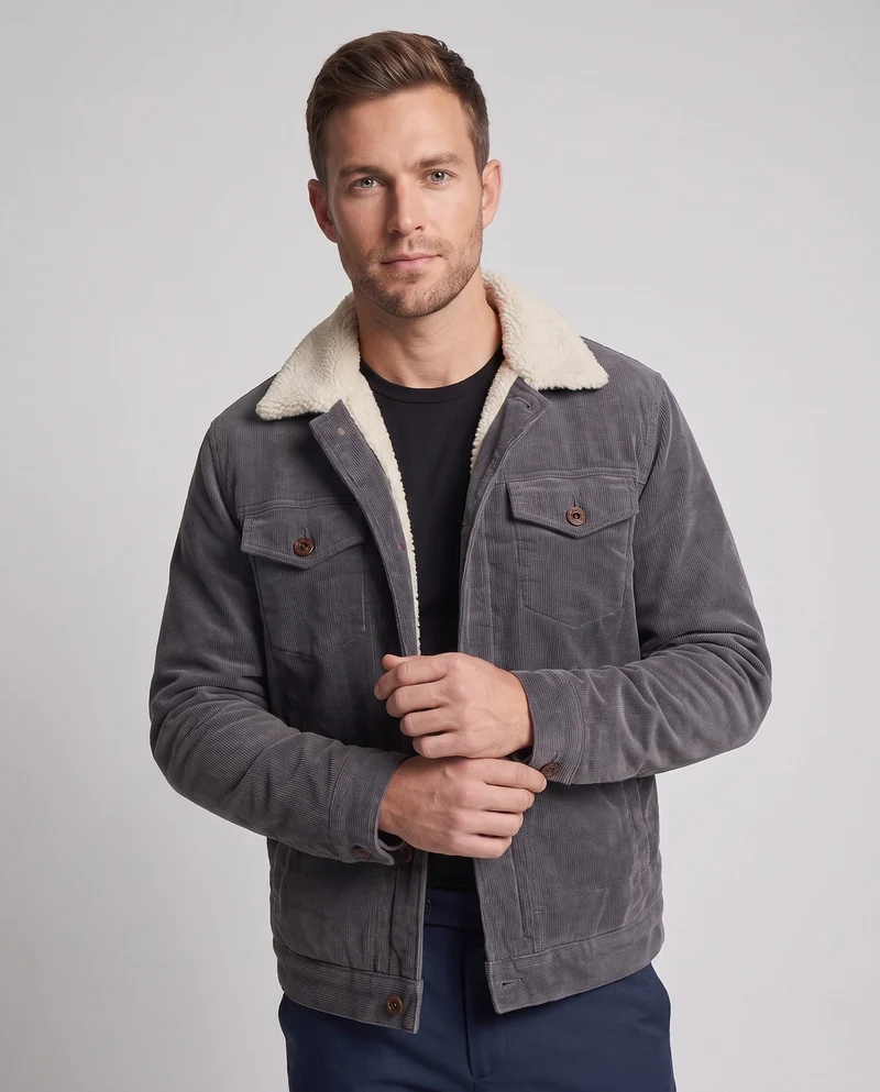 Herren Cordjacke im Trucker-Stil mit ganzflächigem Sherpa-Futter und Teddy-Kragen Drune